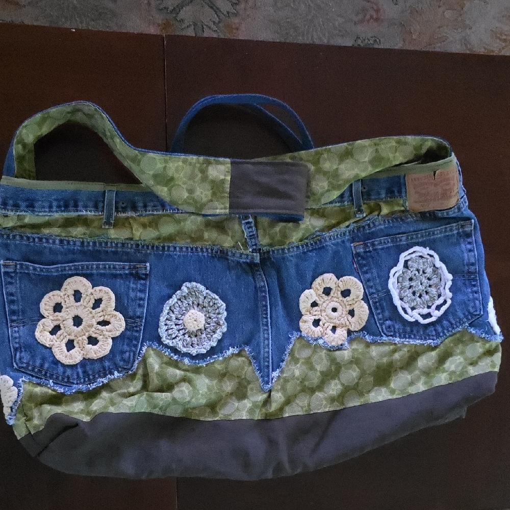 HAND CRAFTED Possible Bag UPCYCLED Blue Denim Jean Crochet Floral 29 X17 Inch - Picture 9 of 15